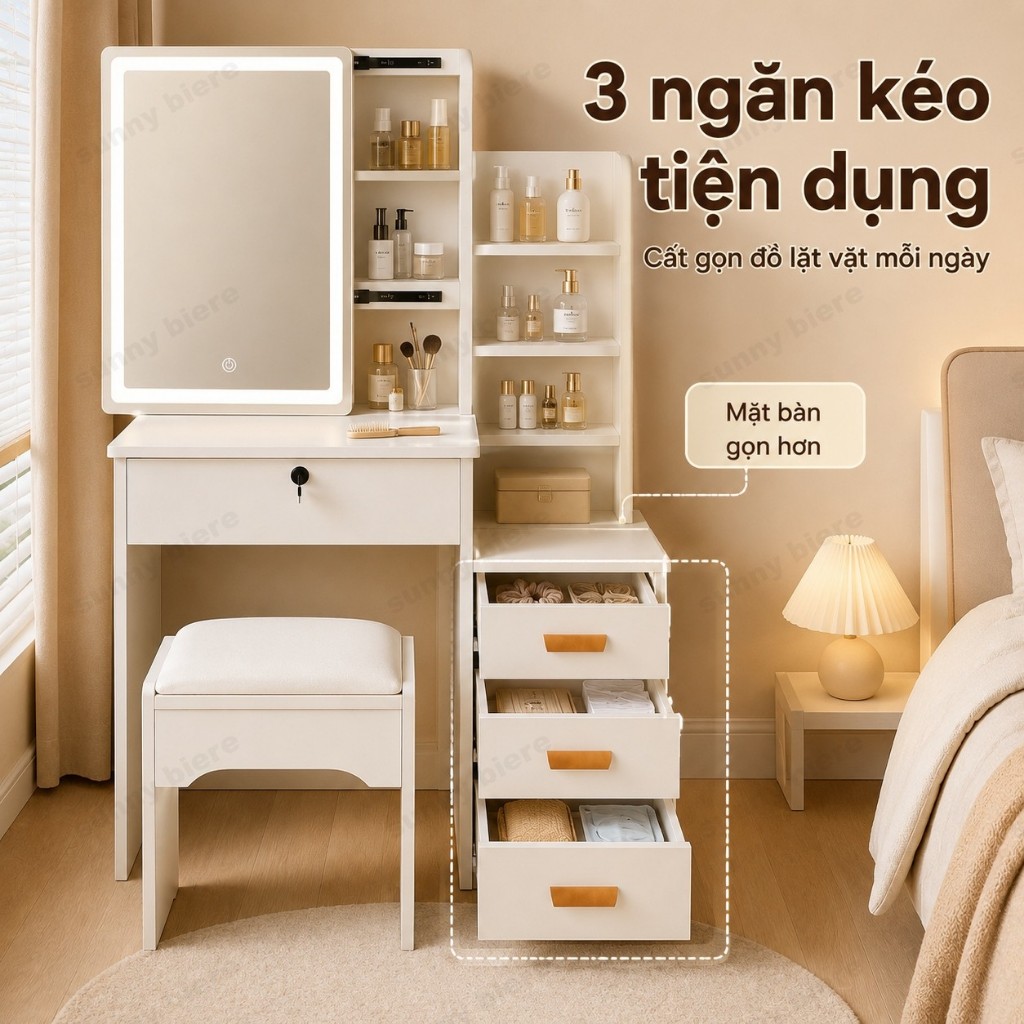 Bàn trang điểm có đèn LED 3 màu kèm ghế êm và tủ lưu trữ Gương có thể điều chỉnh vị trí 𝙎𝙐𝙉𝙉𝙔 𝘽𝙄𝙀𝙍𝙀
