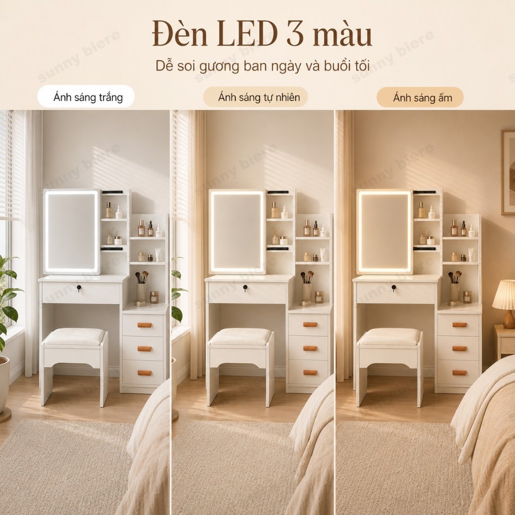 Bàn trang điểm có đèn LED 3 màu kèm ghế êm và tủ lưu trữ Gương có thể điều chỉnh vị trí 𝙎𝙐𝙉𝙉𝙔 𝘽𝙄𝙀𝙍𝙀