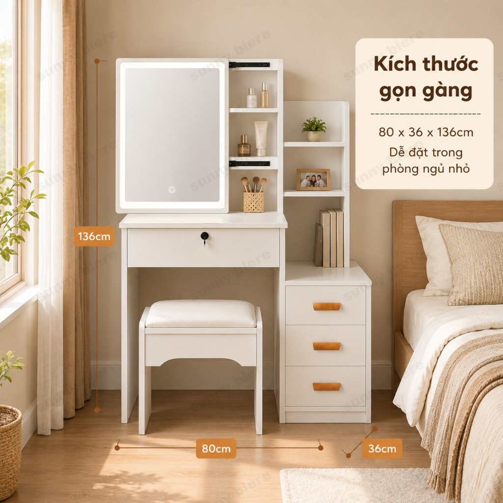 Bàn trang điểm có đèn LED 3 màu kèm ghế êm và tủ lưu trữ Gương có thể điều chỉnh vị trí 𝙎𝙐𝙉𝙉𝙔 𝘽𝙄𝙀𝙍𝙀