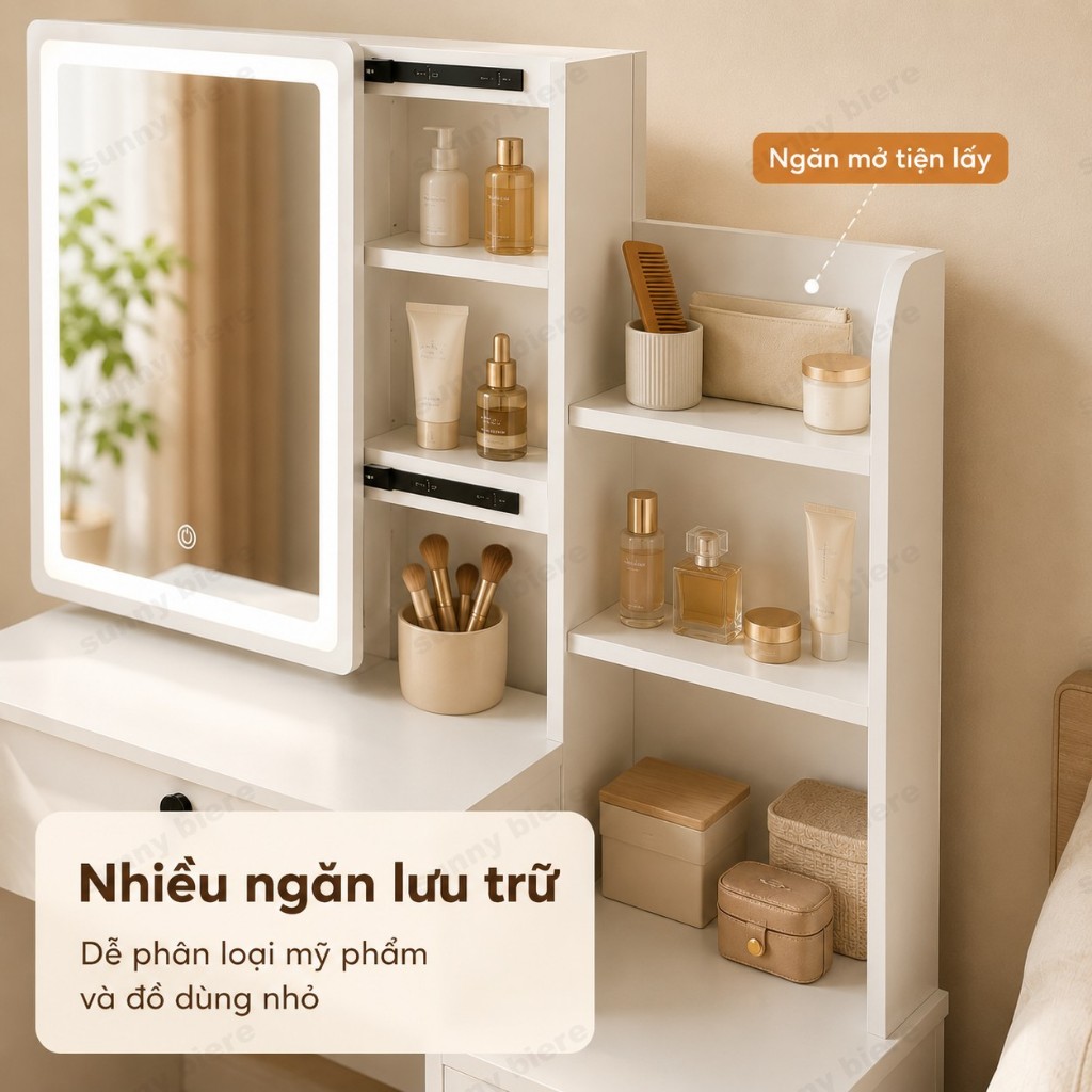 Bàn trang điểm có đèn LED 3 màu kèm ghế êm và tủ lưu trữ Gương có thể điều chỉnh vị trí 𝙎𝙐𝙉𝙉𝙔 𝘽𝙄𝙀𝙍𝙀
