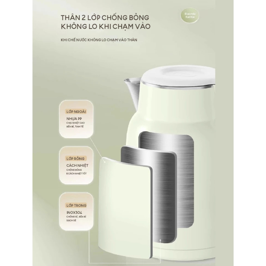 Ấm Đun Siêu Tốc 1.5L Bear ZDH-E15S6 (EKT-155GK) - 1500W, Lòng Inox 304, Sôi Nhanh - Hàng Chính Hãng