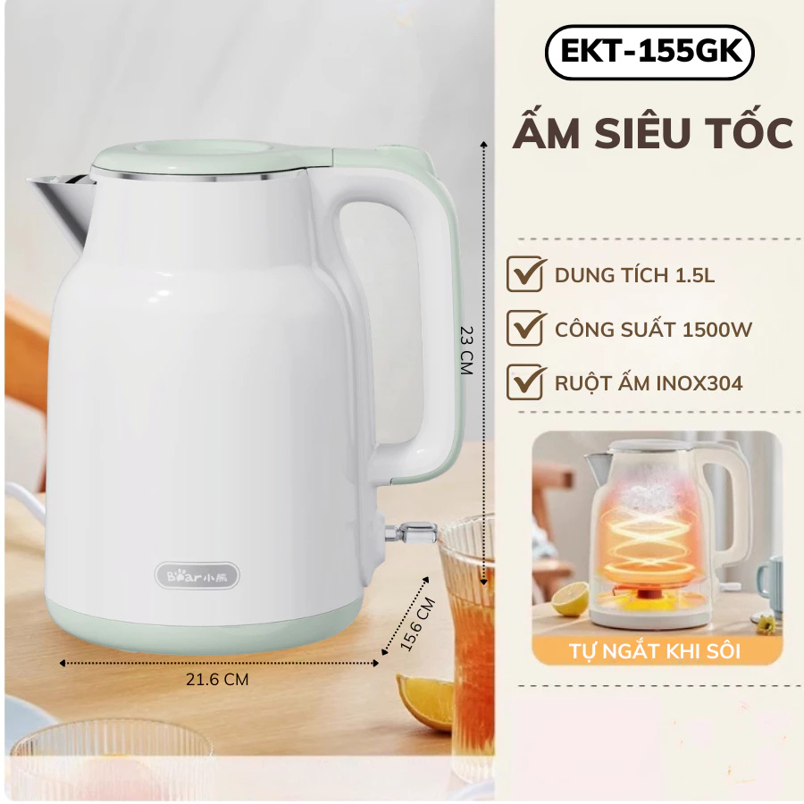 Ấm Đun Siêu Tốc 1.5L Bear ZDH-E15S6 (EKT-155GK) - 1500W, Lòng Inox 304, Sôi Nhanh - Hàng Chính Hãng