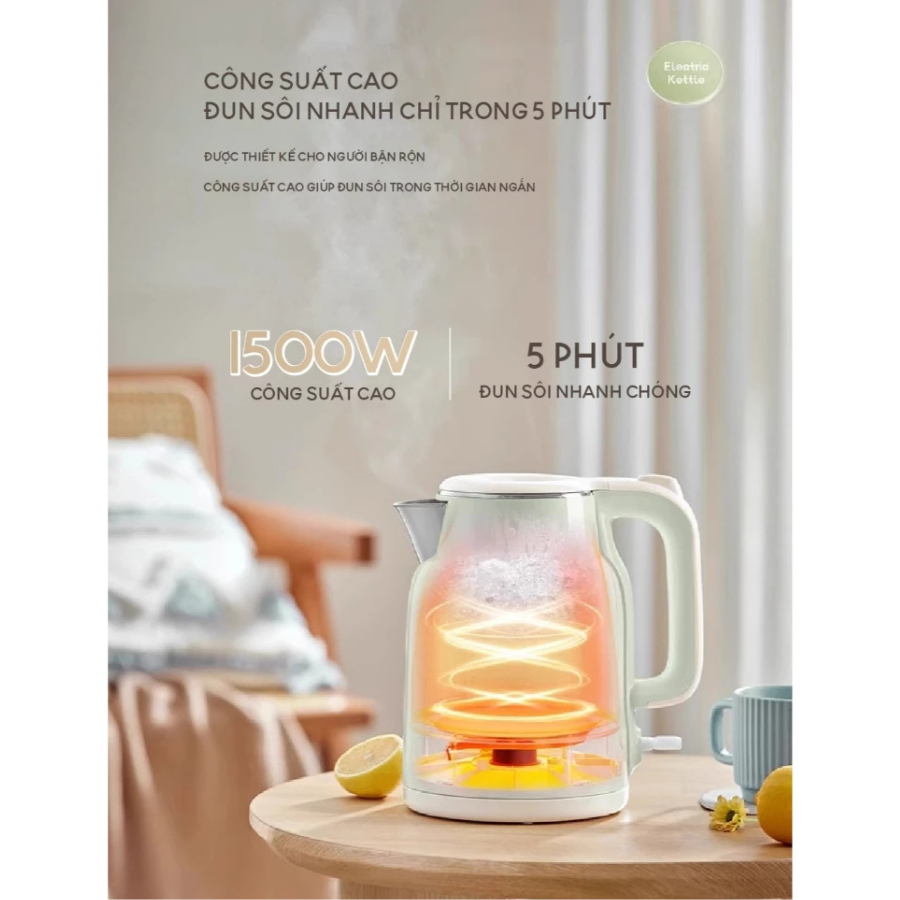 Ấm Đun Siêu Tốc 1.5L Bear ZDH-E15S6 (EKT-155GK) - 1500W, Lòng Inox 304, Sôi Nhanh - Hàng Chính Hãng