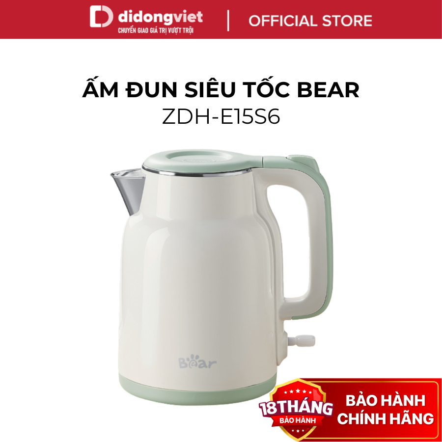 Ấm Đun Siêu Tốc 1.5L Bear ZDH-E15S6 (EKT-155GK) - 1500W, Lòng Inox 304, Sôi Nhanh - Hàng Chính Hãng