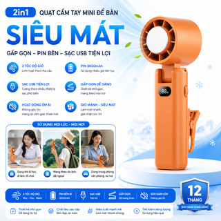 Quạt Cầm Tay Mini Để Bàn 2in1 Pin 3600mAh Gió Mạnh 100 Tốc Độ Sạc USB Gấp Gọn Tiện Lợi