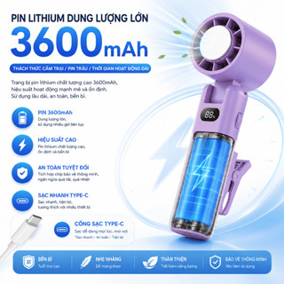 Quạt Cầm Tay Mini Để Bàn 2in1 Pin 3600mAh Gió Mạnh 100 Tốc Độ Sạc USB Gấp Gọn Tiện Lợi