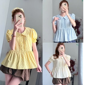Áo Babydoll Cổ Sen Chấm Bi Tay Bèo Xếp Ly Ngực Dáng Suông Tiểu Thư Hàn Quốc Linh Tây.Clothing-A11