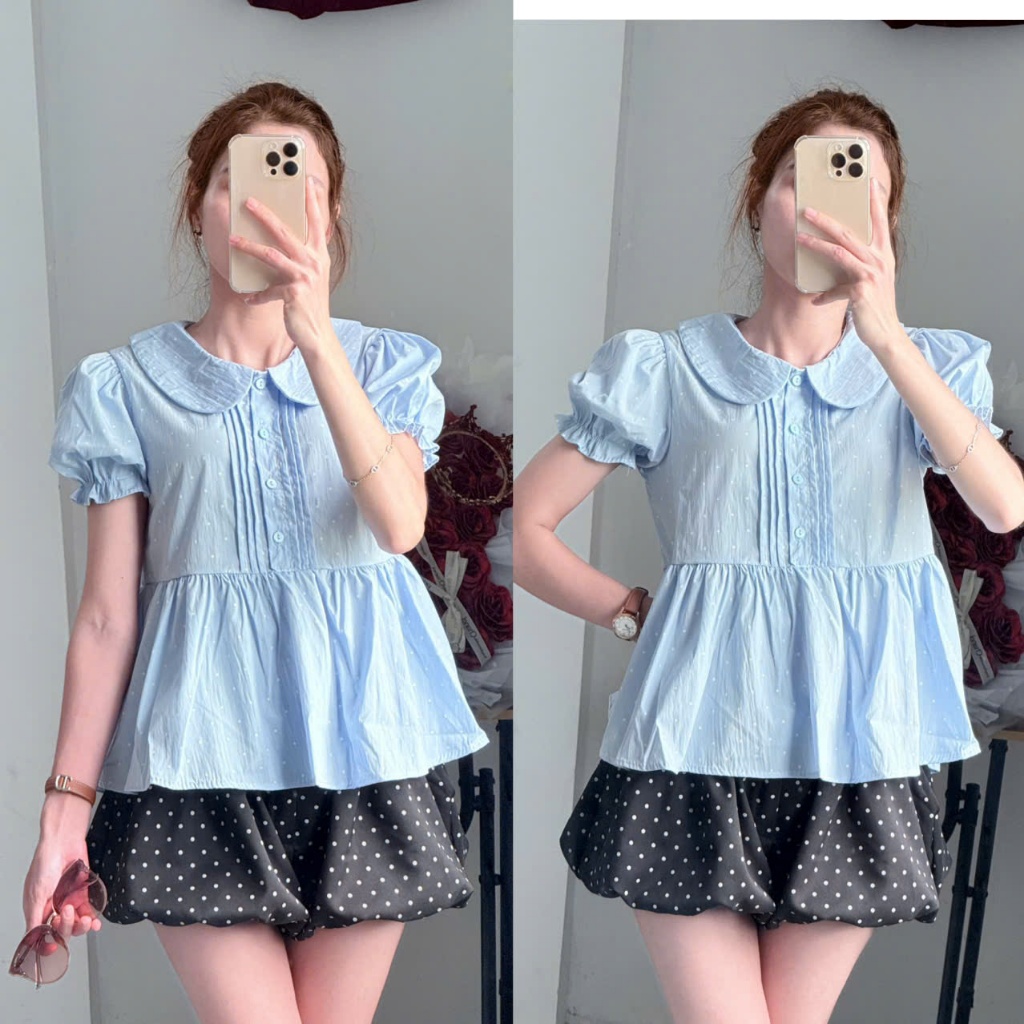 Áo Babydoll Cổ Sen Chấm Bi Tay Bèo Xếp Ly Ngực Dáng Suông Tiểu Thư Hàn Quốc Linh Tây.Clothing-A11