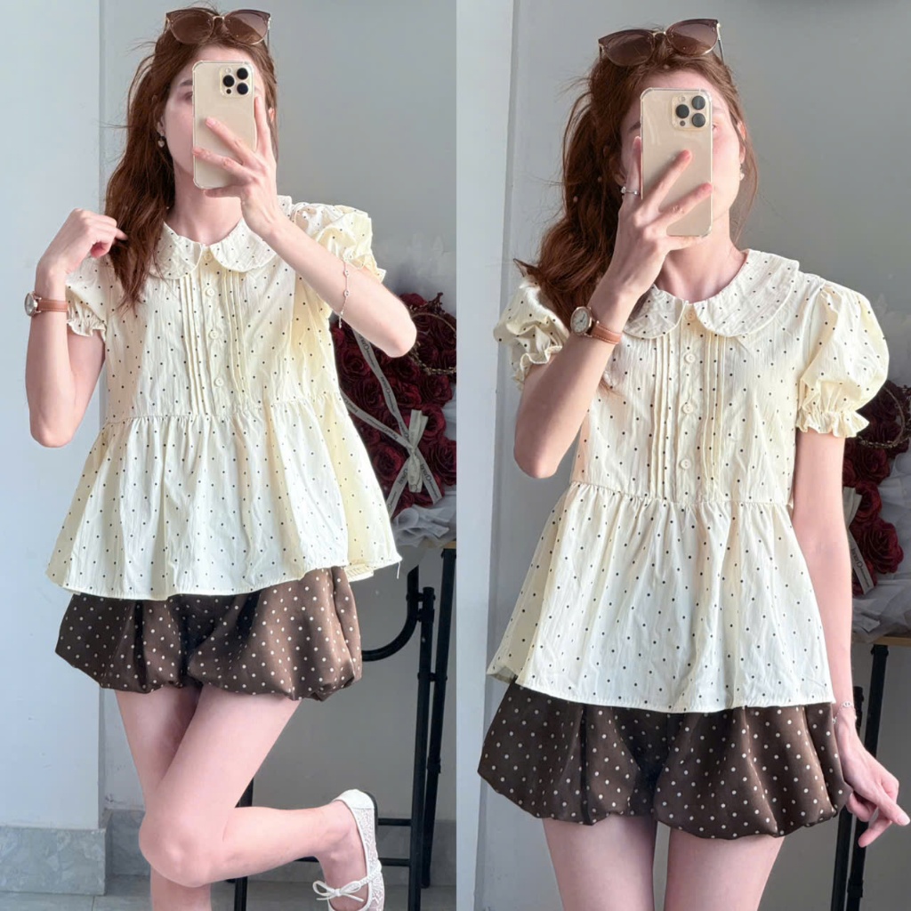 Áo Babydoll Cổ Sen Chấm Bi Tay Bèo Xếp Ly Ngực Dáng Suông Tiểu Thư Hàn Quốc Linh Tây.Clothing-A11