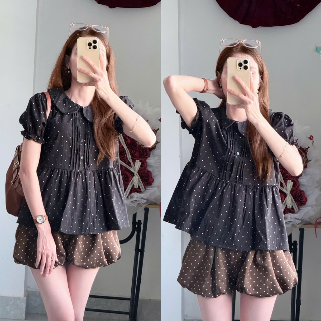 Áo Babydoll Cổ Sen Chấm Bi Tay Bèo Xếp Ly Ngực Dáng Suông Tiểu Thư Hàn Quốc Linh Tây.Clothing-A11