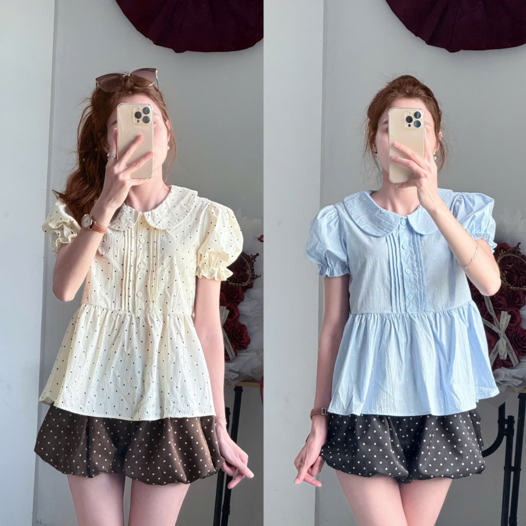 Áo Babydoll Cổ Sen Chấm Bi Tay Bèo Xếp Ly Ngực Dáng Suông Tiểu Thư Hàn Quốc Linh Tây.Clothing-A11