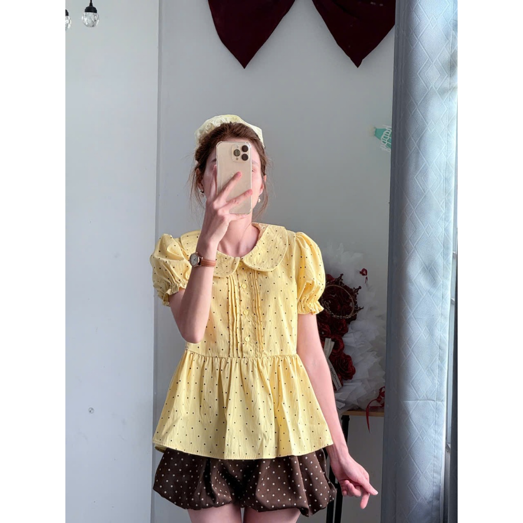 Áo Babydoll Cổ Sen Chấm Bi Tay Bèo Xếp Ly Ngực Dáng Suông Tiểu Thư Hàn Quốc Linh Tây.Clothing-A11