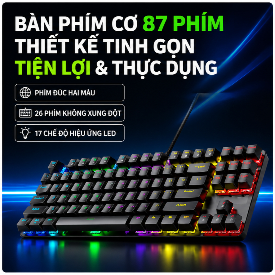 Bàn phím cơ phím trục xanh đen mini gọn nhẹ cho chơi game văn phòng di động