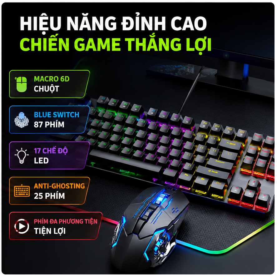 Bàn phím cơ phím trục xanh đen mini gọn nhẹ cho chơi game văn phòng di động