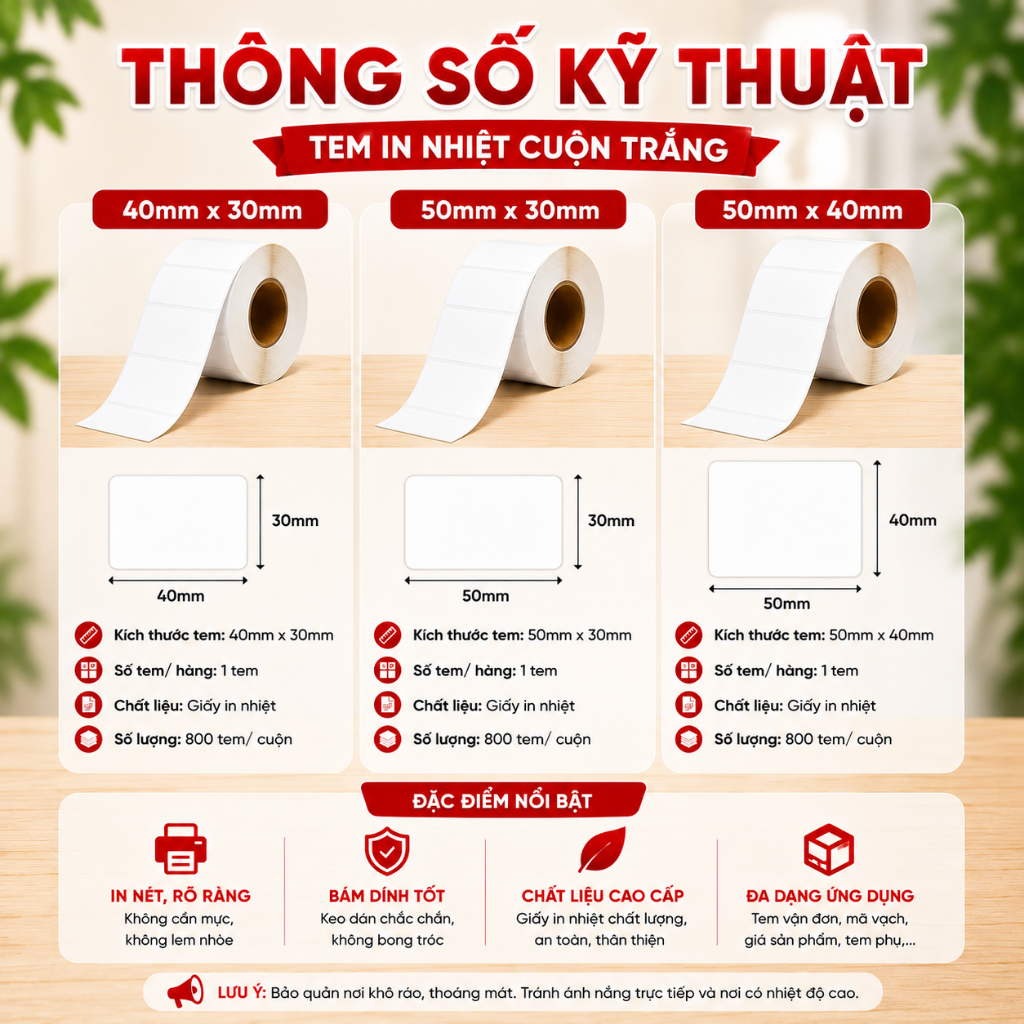 [10 CUỘN]Tem In Nhiệt Cuộn Trắng Không Cần Mực - Decal In Mã Vạch, Tem Đơn Hàng, Tem Hàng Hóa Bám Dính Tốt