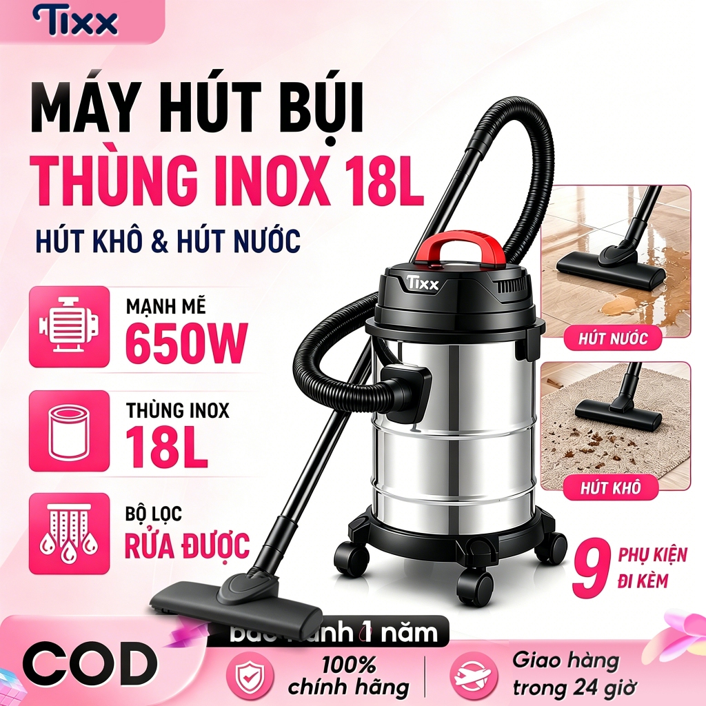 TIXX Máy hút bụi 18L Công nghiệp 25000PA Công suất lớn Khô Ướt Thổi 3 trong 1 máy hút bụi