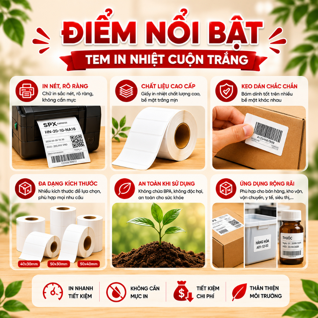 [10 CUỘN]Tem In Nhiệt Cuộn Trắng Không Cần Mực - Decal In Mã Vạch, Tem Đơn Hàng, Tem Hàng Hóa Bám Dính Tốt