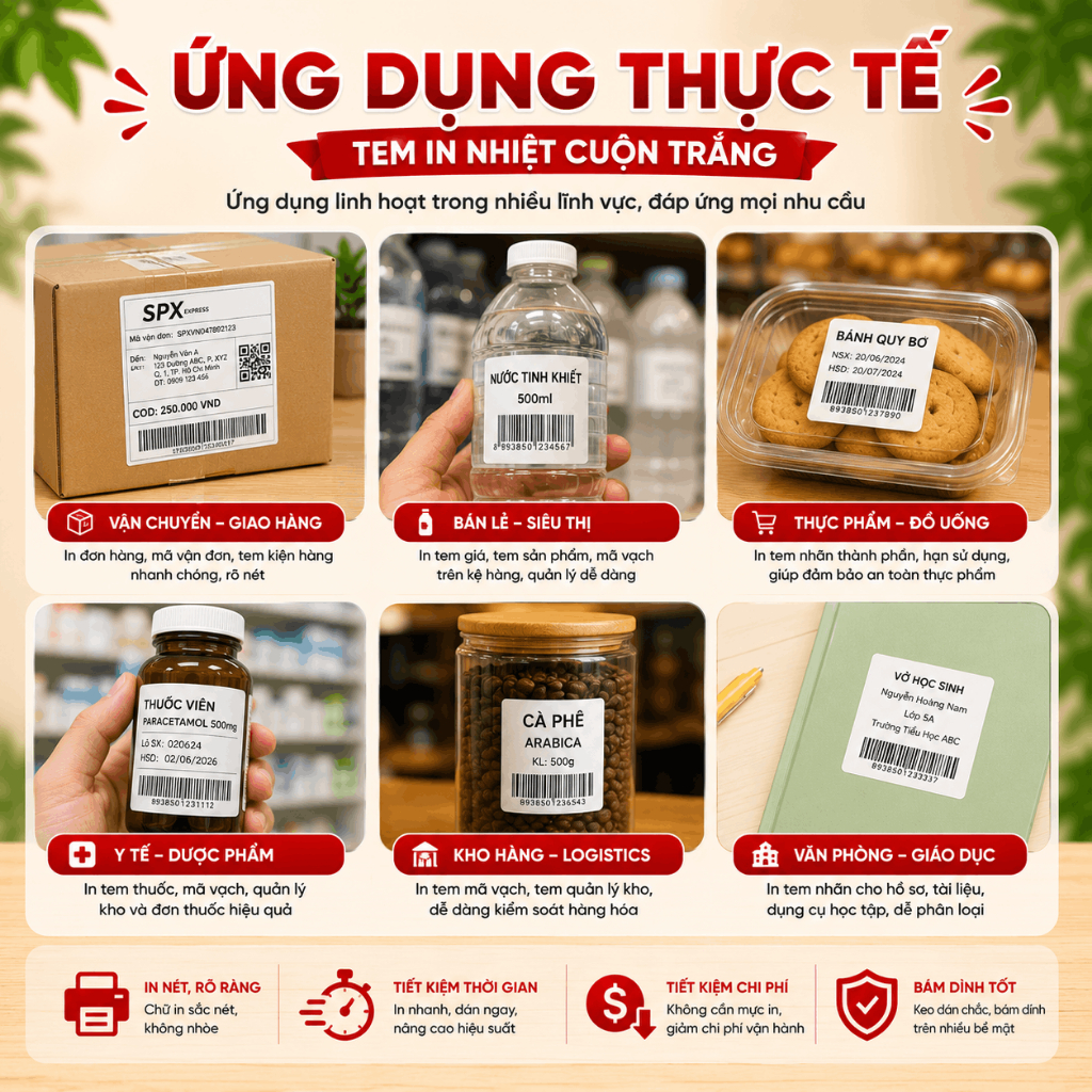 [10 CUỘN]Tem In Nhiệt Cuộn Trắng Không Cần Mực - Decal In Mã Vạch, Tem Đơn Hàng, Tem Hàng Hóa Bám Dính Tốt