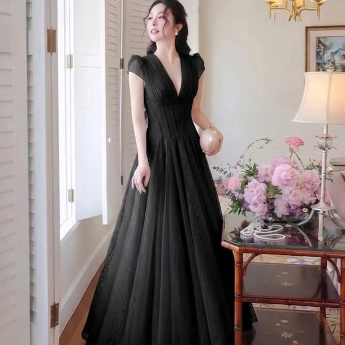 VÁY REN DỰ TIỆC CỔ V XẾP LY TAY CÁNH TIÊN CHIẾT EO DÁNG VÁY TÙNG XOÈ DÀI BIGSIZE 60-120KG(DD038)