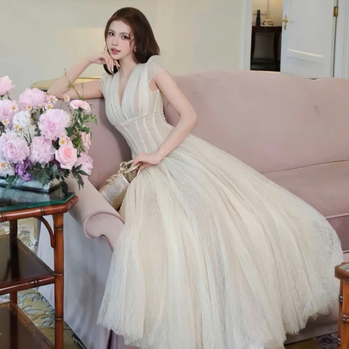 VÁY REN DỰ TIỆC CỔ V XẾP LY TAY CÁNH TIÊN CHIẾT EO DÁNG VÁY TÙNG XOÈ DÀI BIGSIZE 60-120KG(DD038)