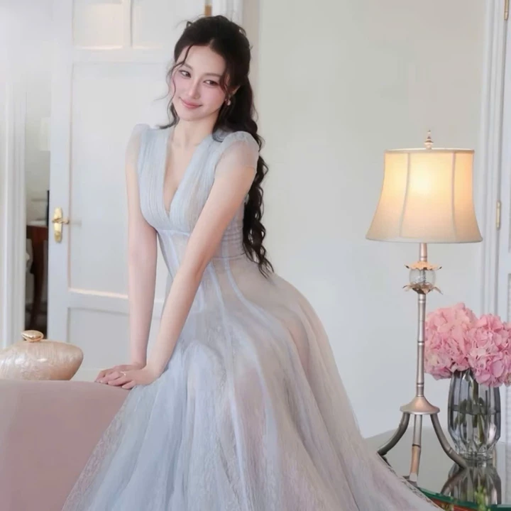 VÁY REN DỰ TIỆC CỔ V XẾP LY TAY CÁNH TIÊN CHIẾT EO DÁNG VÁY TÙNG XOÈ DÀI BIGSIZE 60-120KG(DD038)