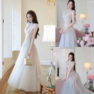 VÁY REN DỰ TIỆC CỔ V XẾP LY TAY CÁNH TIÊN CHIẾT EO DÁNG VÁY TÙNG XOÈ DÀI BIGSIZE 60-120KG(DD038)