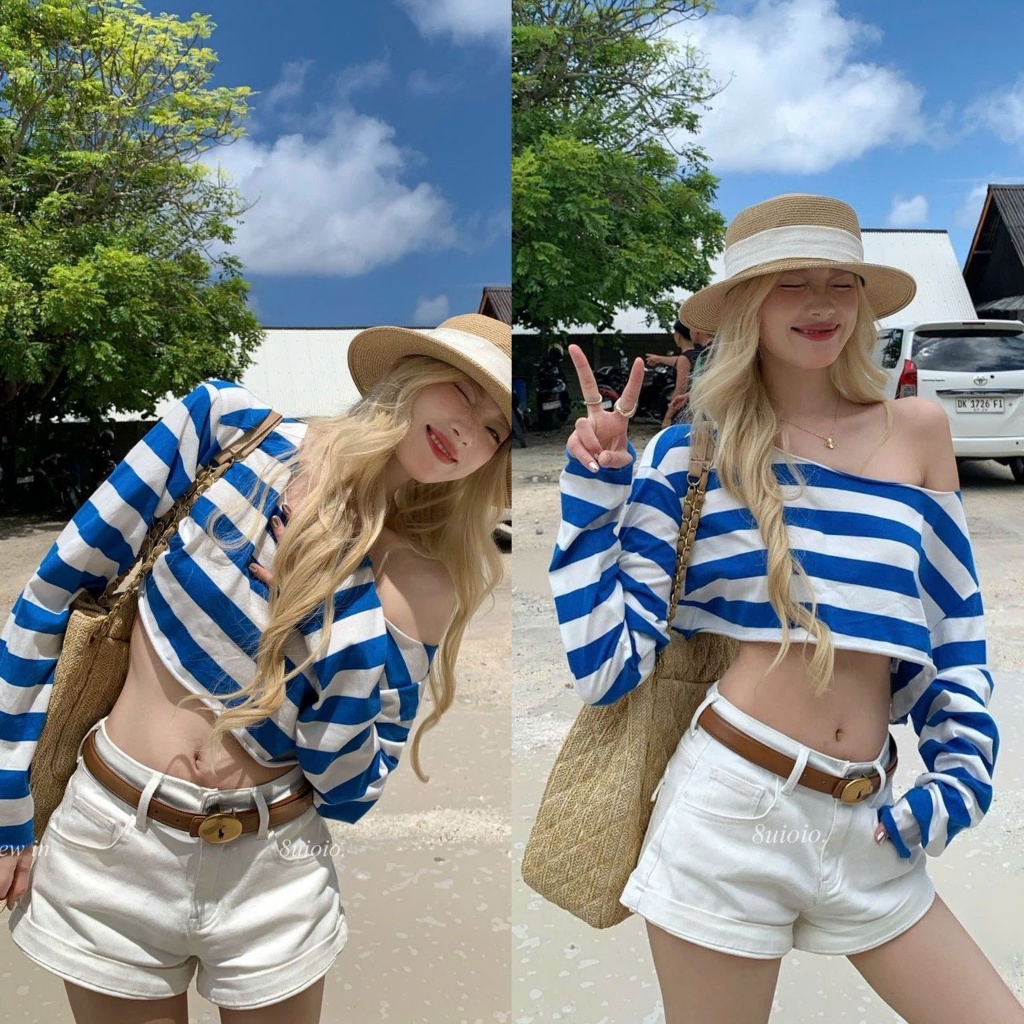 (sẵn)Áo trễ vai dài tay croptop kẻ xanh trắng dáng rộng chất cotton không viền ATV048 - Tiktik