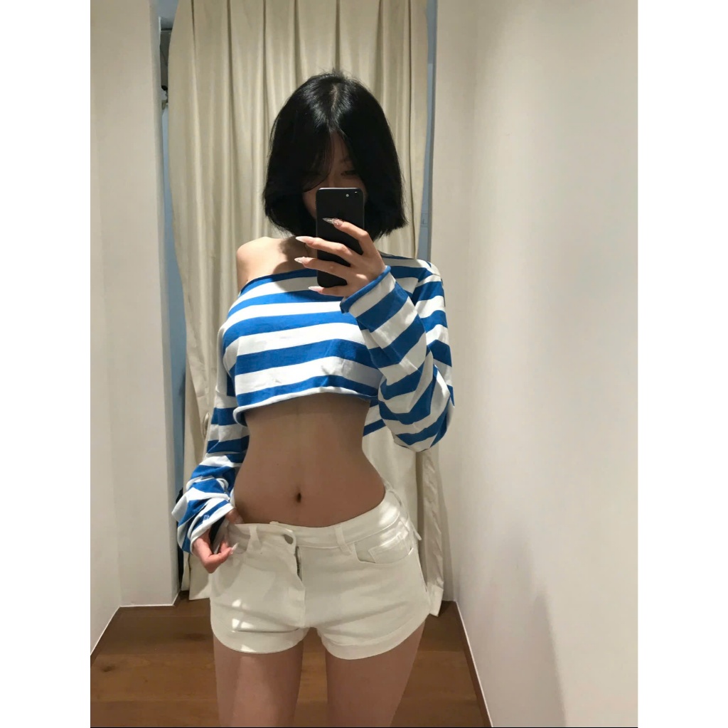 (sẵn)Áo trễ vai dài tay croptop kẻ xanh trắng dáng rộng chất cotton không viền ATV048 - Tiktik