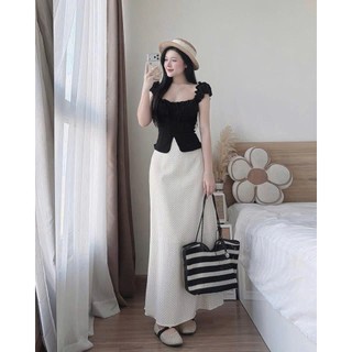 Set áo babydoll cổ vuông tay bồng kèm chân váy chấm bi 2 lớp cạp cao dáng dài chất mềm mịn tôn dáng trẻ trung