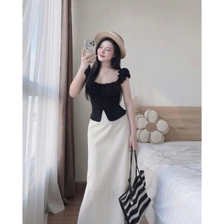 Set áo babydoll cổ vuông tay bồng kèm chân váy chấm bi 2 lớp cạp cao dáng dài chất mềm mịn tôn dáng trẻ trung