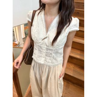 ACY TOP | Áo kiểu cổ V chất boi thêu phối viền ren | Bymintt