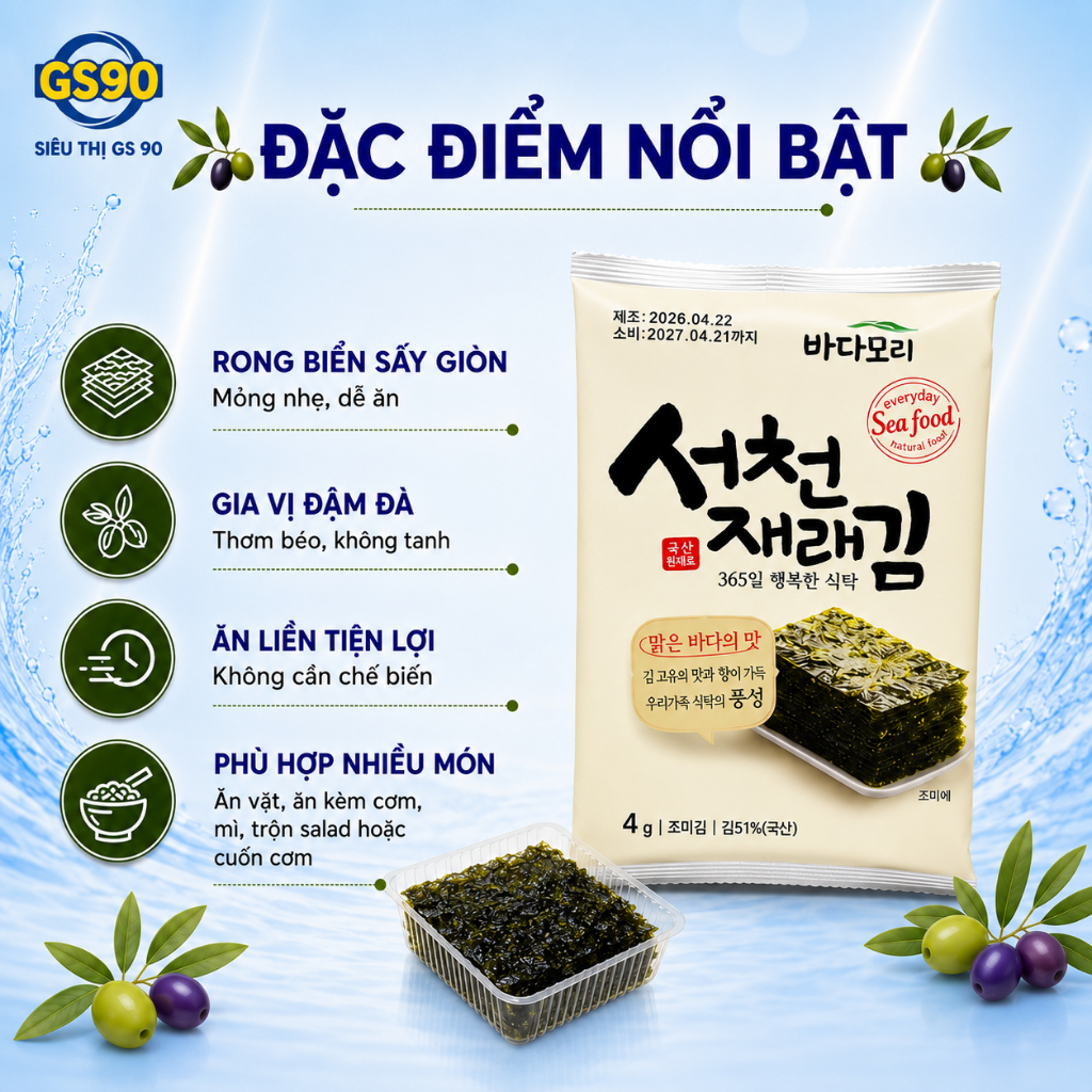 Rong Biển Lá Kim Ăn Liền Tẩm Olive Hàn Quốc, Vị Ngon Dễ Ăn Dùng Chay Mặn Dinh Dưỡng