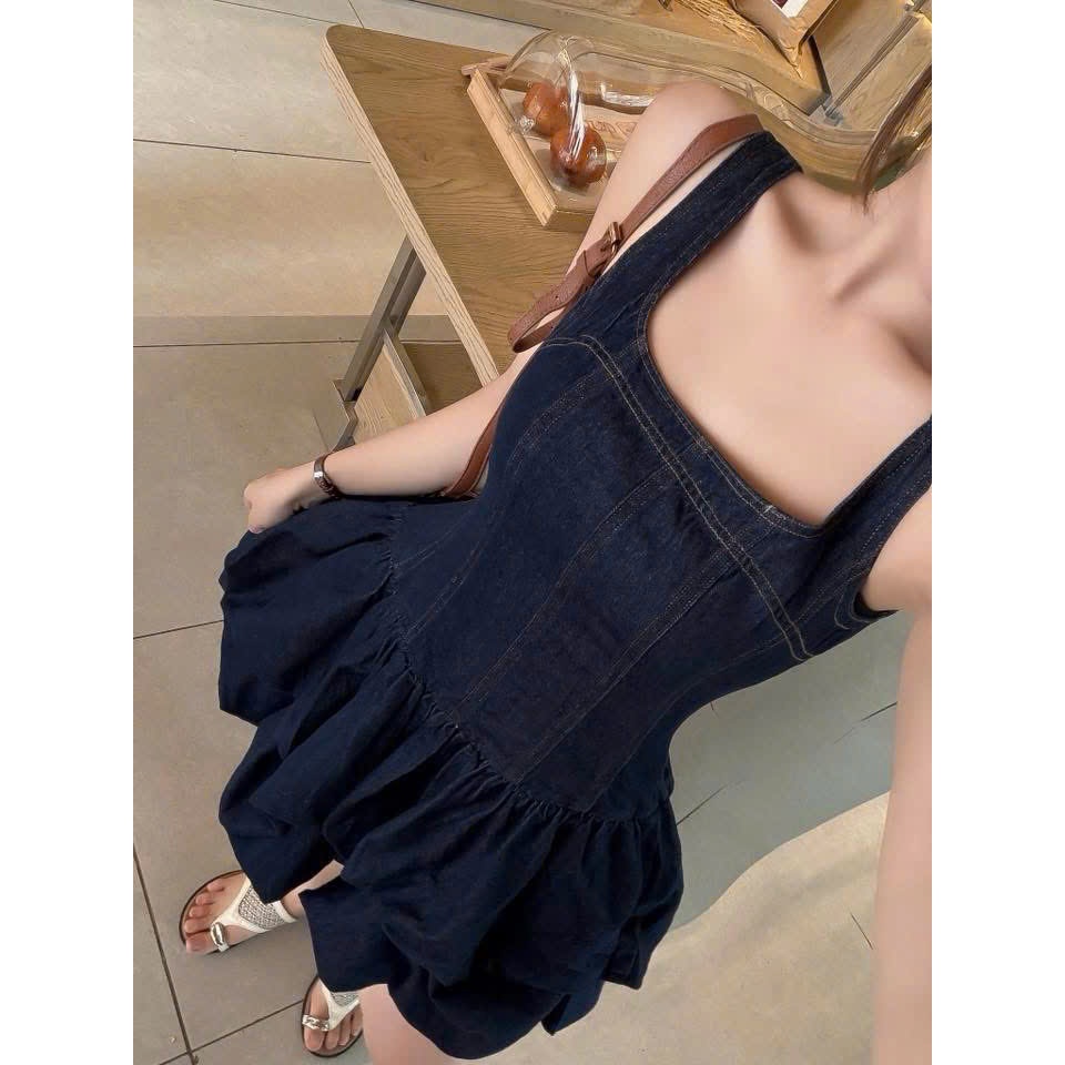 ZIMM STORE-Váy jean ngắn hai dây thiết kế cổ vuông chiết eo dáng xòe phồng bí ngô màu xanh