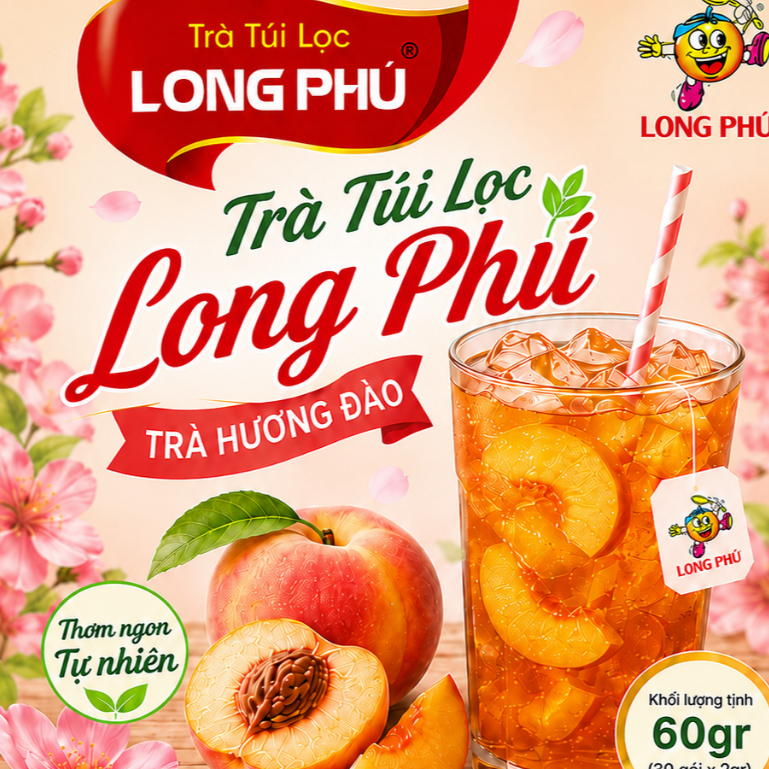 Trà Đào, Trà Vải, Trà Tắc Túi Lọc Long Phú 60gr (30 gói x 2gr) - Chuyên Pha Trà Thông Dụng, Túi Lọc Tiện Lợi