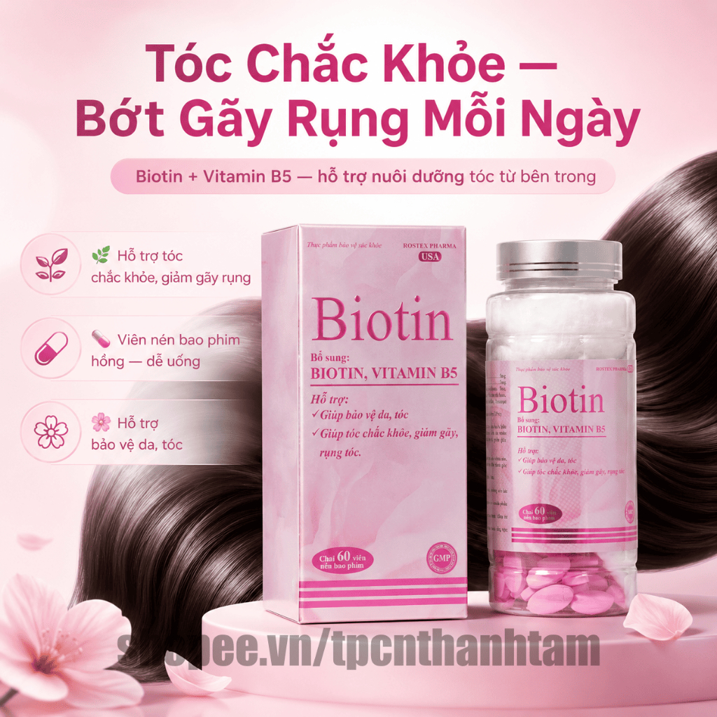Viên uống BIOTIN CHAI 60V bổ sung biotin, vitamin B5 giúp giảm rụng tóc, bảo vệ da