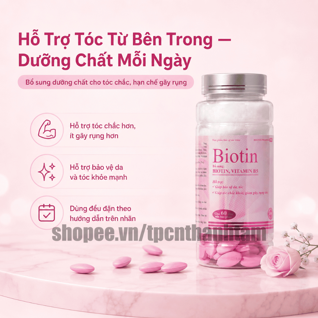 Viên uống BIOTIN CHAI 60V bổ sung biotin, vitamin B5 giúp giảm rụng tóc, bảo vệ da