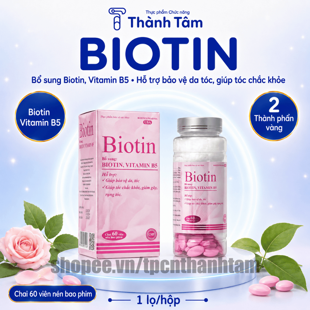Viên uống BIOTIN CHAI 60V bổ sung biotin, vitamin B5 giúp giảm rụng tóc, bảo vệ da