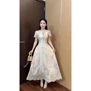 Váy tiểu thư dáng dài xòe chữ A thêu hoa nhí cổ tàu đính cúc trước ngực tay ngắn phong cách vintage
