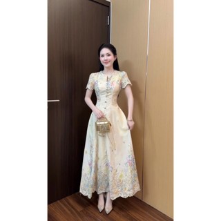 Váy tiểu thư dáng dài xòe chữ A thêu hoa nhí cổ tàu đính cúc trước ngực tay ngắn phong cách vintage