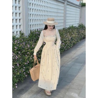 Set váy 2 dây dáng dài nhún ngực chất mango họa tiết nơ nhí phối áo khoác ren mỏng phong cách tiểu thư đi biển đi chơi