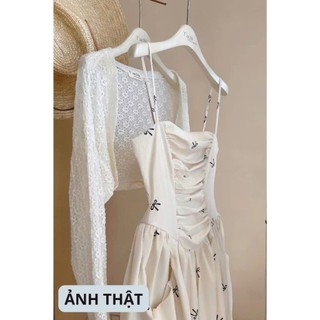 Set váy 2 dây dáng dài nhún ngực chất mango họa tiết nơ nhí phối áo khoác ren mỏng phong cách tiểu thư đi biển đi chơi