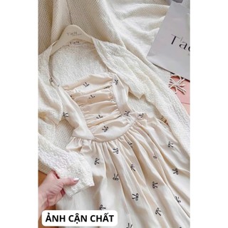 Set váy 2 dây dáng dài nhún ngực chất mango họa tiết nơ nhí phối áo khoác ren mỏng phong cách tiểu thư đi biển đi chơi