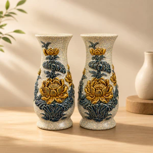 Đồ Thờ Cúng Lọ Huệ Cắm Hoa Ban Thờ, Lọ hoa thờ Men Rạn Đắp Nổi Bát Tràng Họa Tiết Hoa Sen