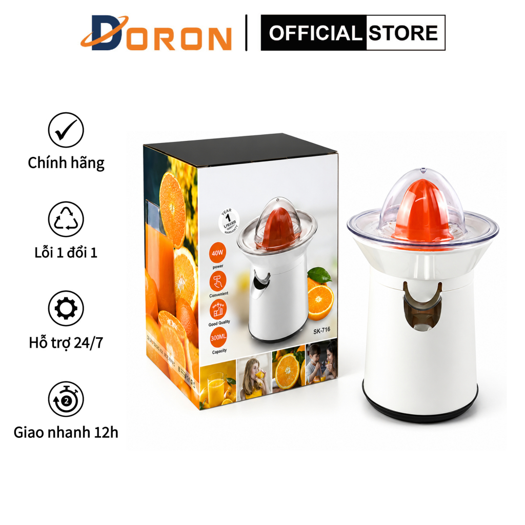 Máy vắt cam bằng điện DORON 45W xoay ép 2 chiều tự động vắt lọc hạt