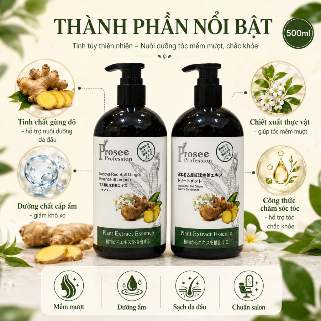 Dầu Gội Xả Gừng Dưỡng Sinh Prosee PS12/PC12 500ml | Sạch Thoáng Da Đầu, Tóc Mềm Mượt Chuẩn Salon