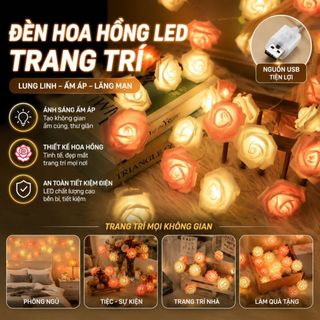 Dây đèn LED trang trí hình hoa hồng dài 1.5m/3m đủ màu decor tiệc sự kiện đám cưới quà tặng