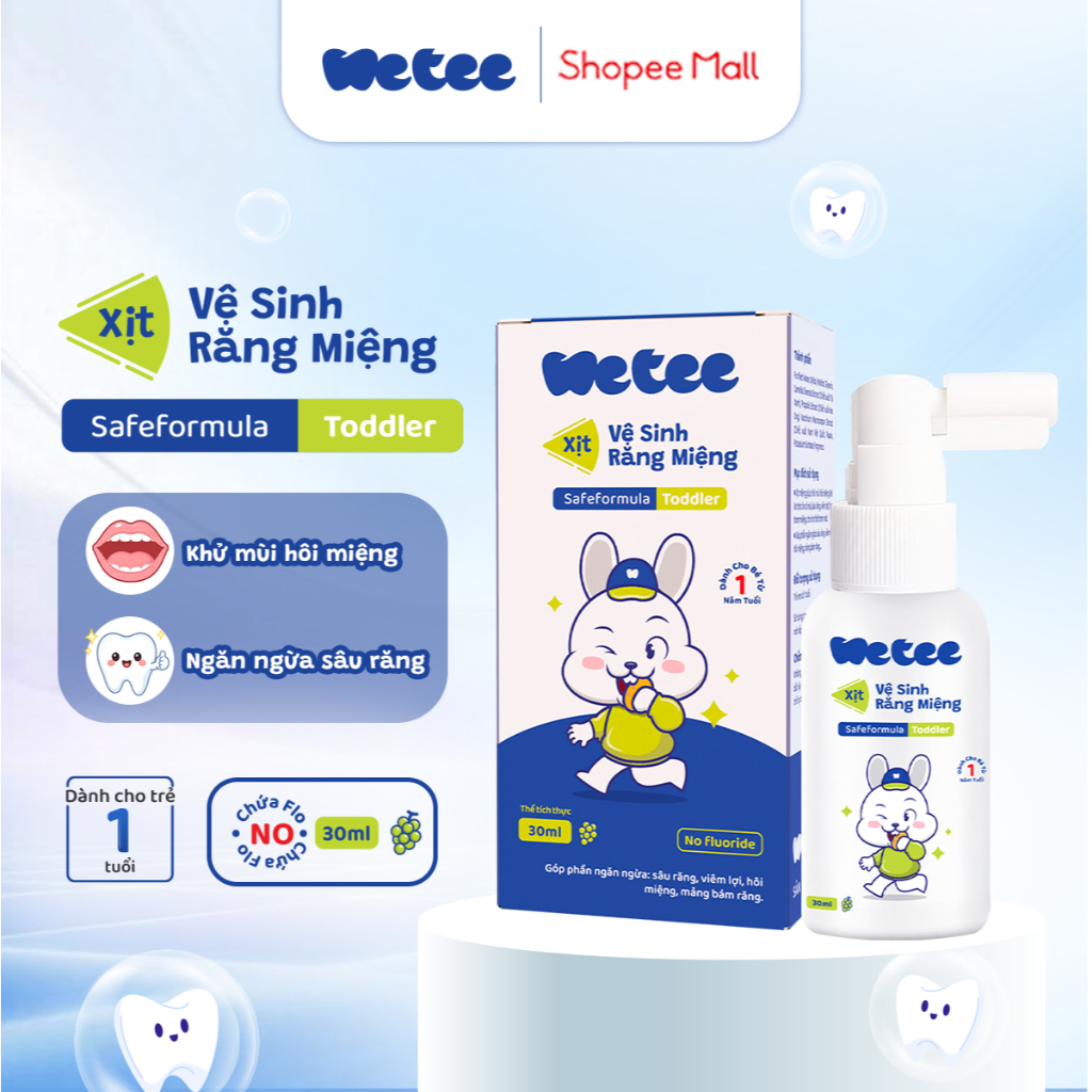 [1 TUỔI] Xịt Vệ Sinh Răng Miệng Wetee Cho Bé Từ 1 Tuổi 30/ 50ml Hương Nho, Hỗ Trợ Ngăn Ngừa Sâu Răng