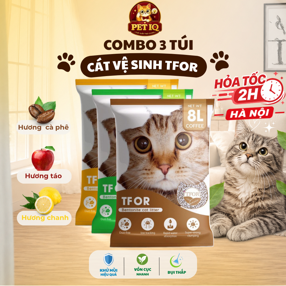 [COMBO 3 TÚI] Cát Vệ Sinh Cho Mèo TFOR 8L Siêu Thấm Hút, Vón Cục Nhanh, Khử Mùi Hiệu Quả, Ít Bụi, An Toàn Cho Mèo