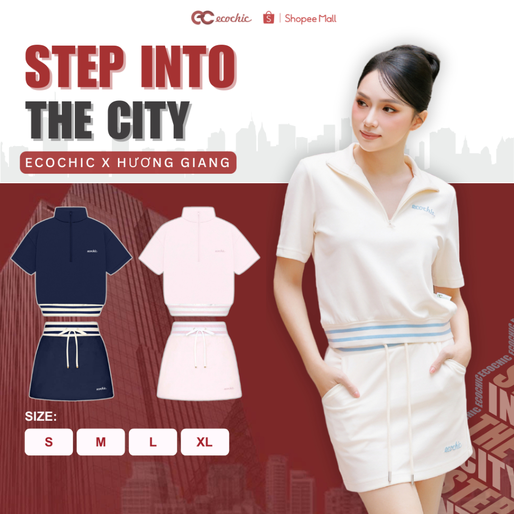 Set Chân Váy ECOCHIC Khoá Áo Halzip Bo Dệt Váy Ngắn Có Dây Rút Logo Thêu Chất Liệu Cao Cấp Mềm Mịn B219