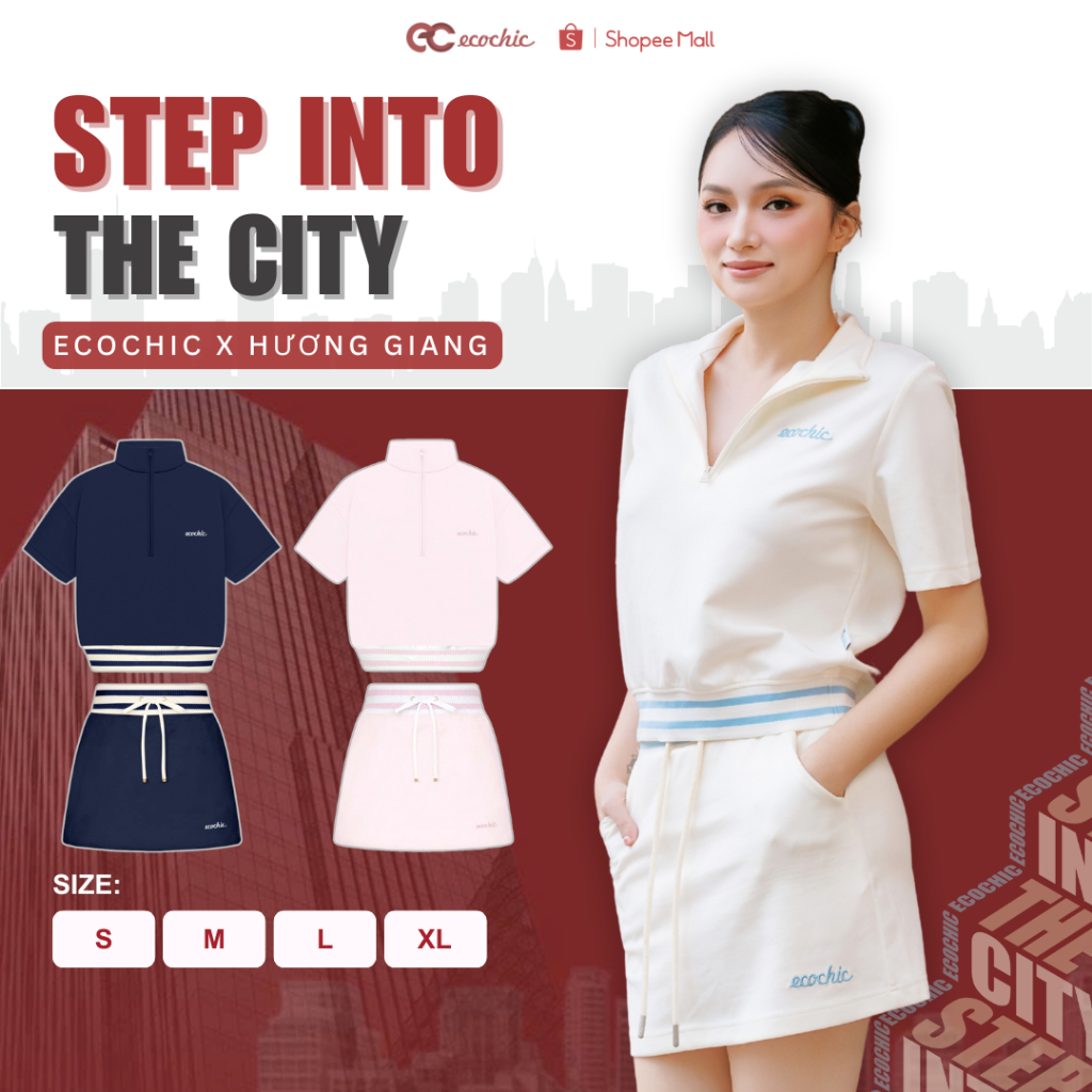 Set Chân Váy ECOCHIC Khoá Áo Halzip Bo Dệt Váy Ngắn Có Dây Rút Logo Thêu Chất Liệu Cao Cấp Mềm Mịn B219